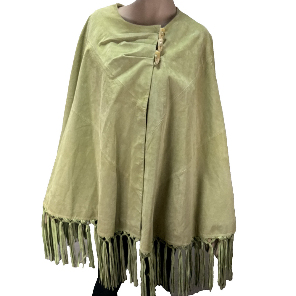 Terry Lewis Vintage Green Suede Fringe‎ Cape Poncho Womens One Size Western Boho